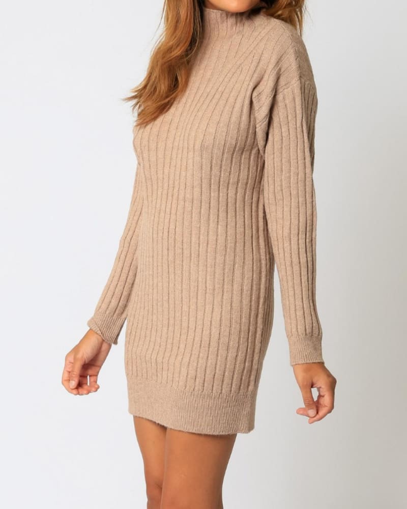 Front of a model wearing a size L Wide Ribbed Sweater Dress in Mocha in Mocha by OLIVACEOUS. | dia_product_style_image_id:343022